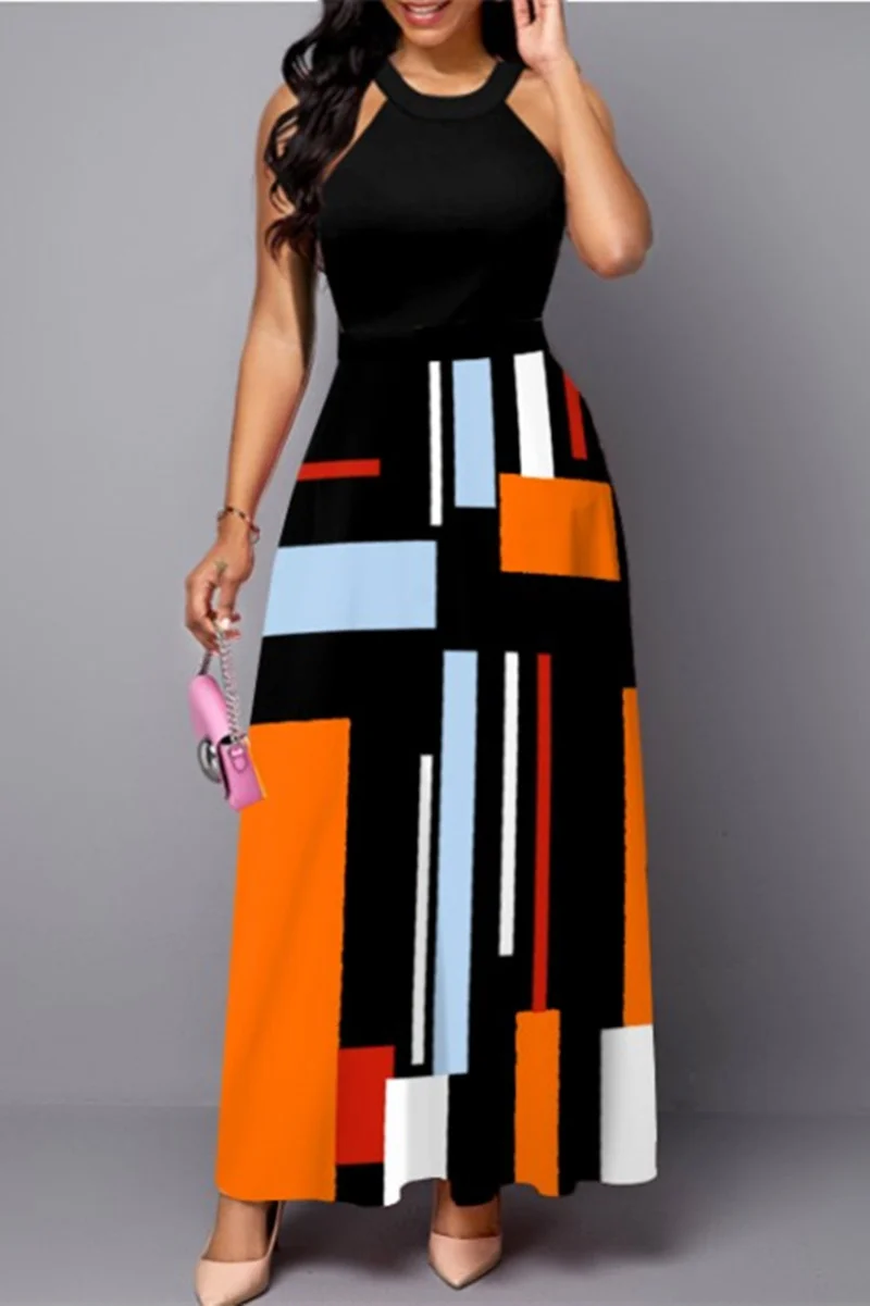 Orange Fashion Casual Print Patchwork O Neck Sleeveless Dress