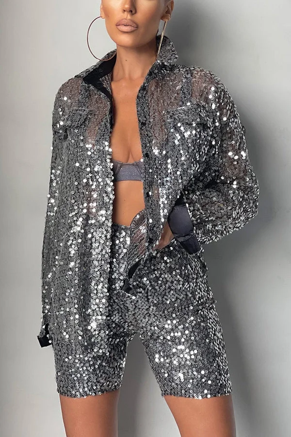 Steel Sequin Oversize Shirt Shorts Set