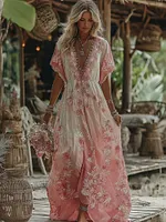 Women's Floral Art Embroidered Linen V-neck Dress