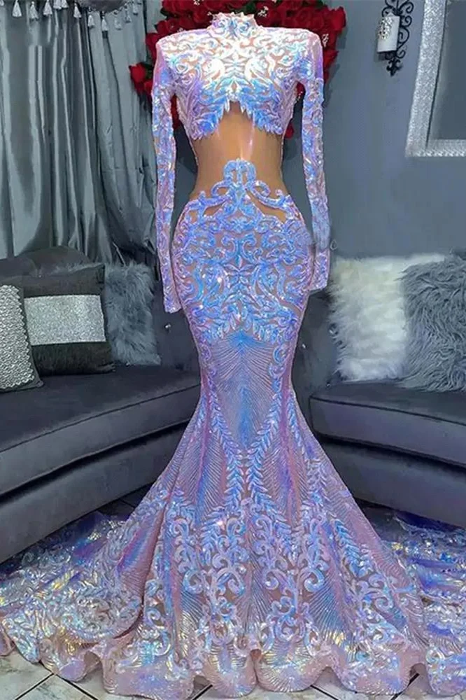 High Neck Long Sleeves Mermaid Prom Dress With Sequins Lace PD0779