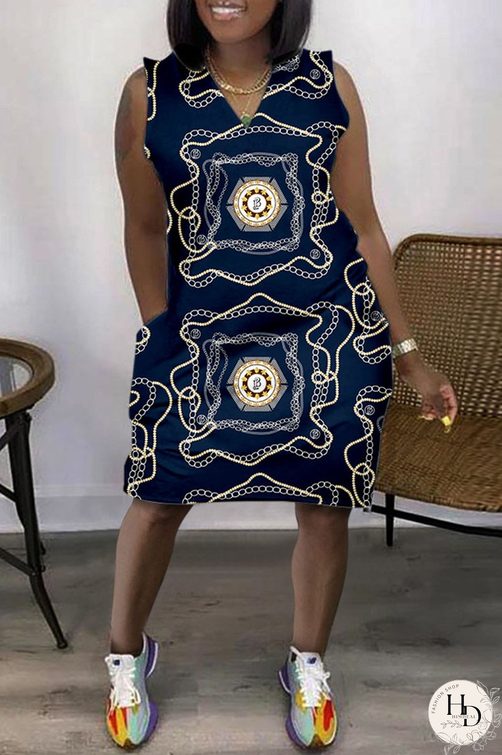 Colour Casual Print Basic V Neck Sleeveless Dress Dresses