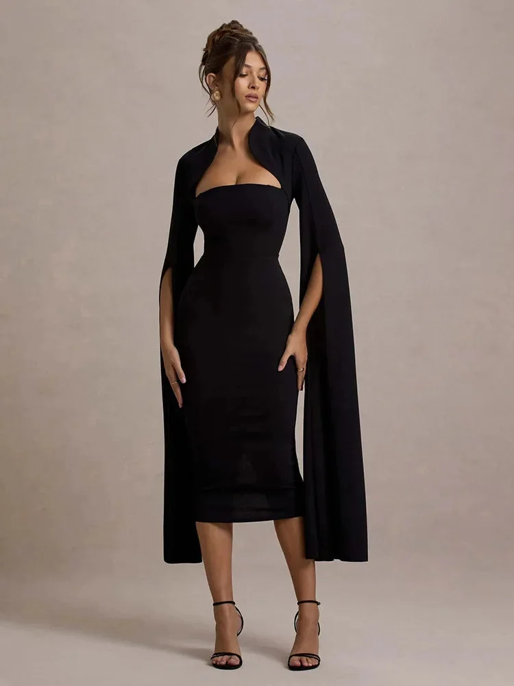 Toloer Solid Cape Bodycon Midi Dress-Outfit Ideas