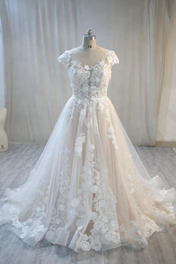 Vintage Floor-length A-Line Bateau Backless Wedding Dress With Tulle Appliques Lace | Ballbellas Ballbellas