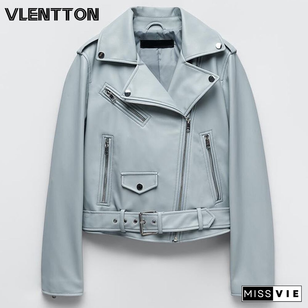 Spring Autumn Women Fashion Blue Black Faux Leather Jacket Solid Zipper With Belt Biker Coat Female Casual Outwear Ladies