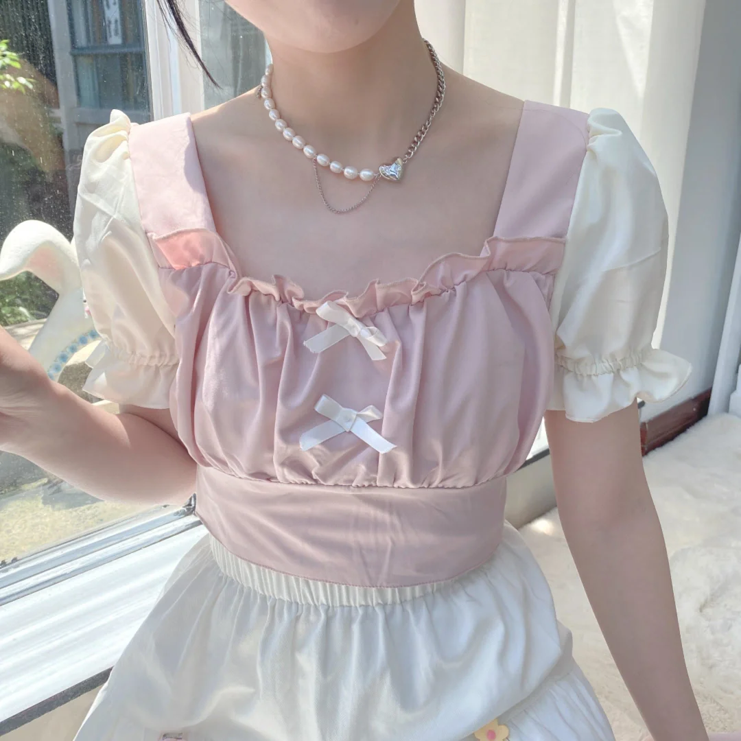 Sweet Summer Cute White Bow Short Sleeve Pink Top SP16178