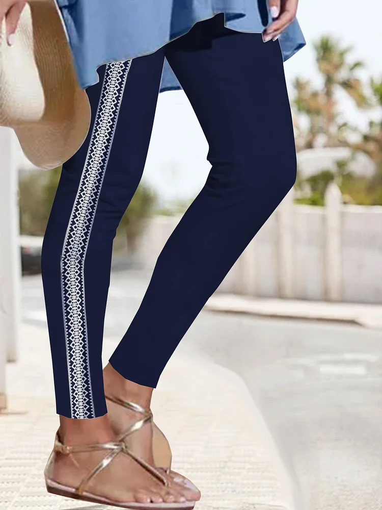 Dark Blue Folk Flower Elastic Waist Leggings Plus Size