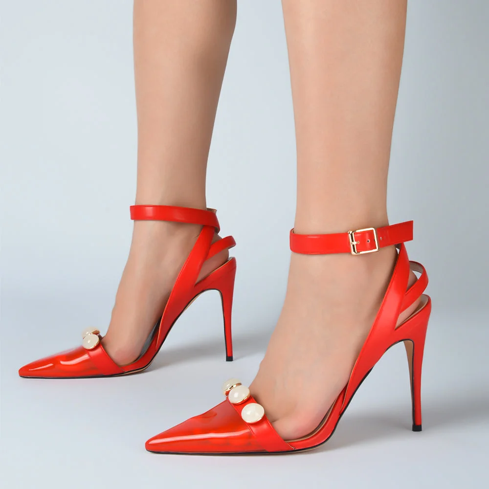 Red PVC Pointed Toe Slingback Heels Ankle Strap Stilettos With Gems