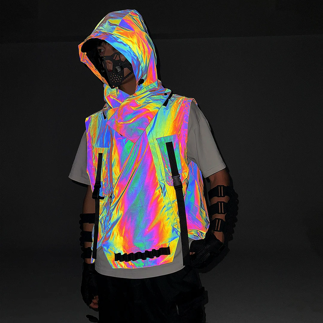 Toloer Function Wind Dazzle Color Reflective Vest Male Autumn And Winter Tactics Hip-Hop Hooded Coat Outdoor Work Vest-Outfit Ideas