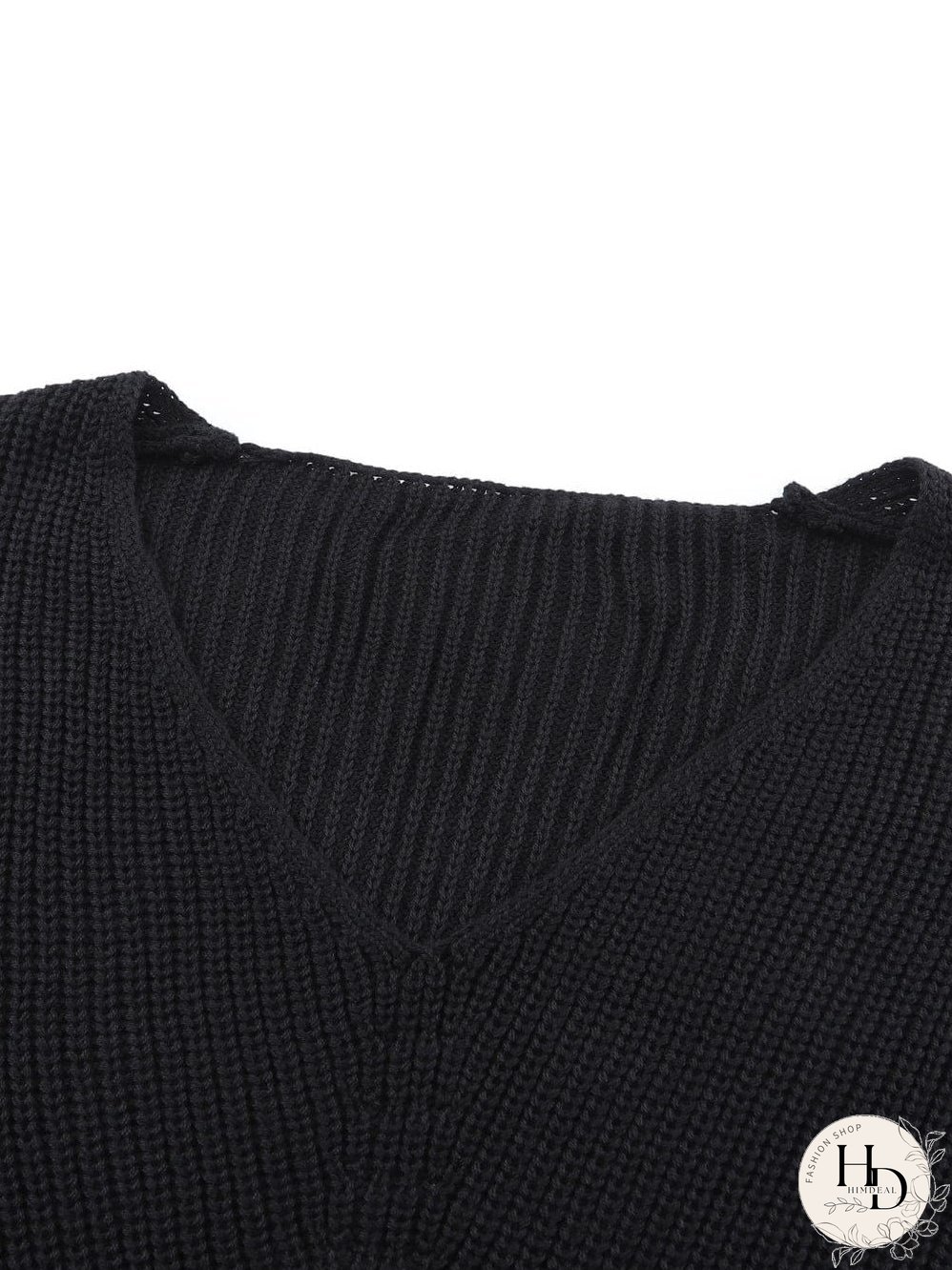 Elegant Black V-Neck Ribbed Knit Sweater