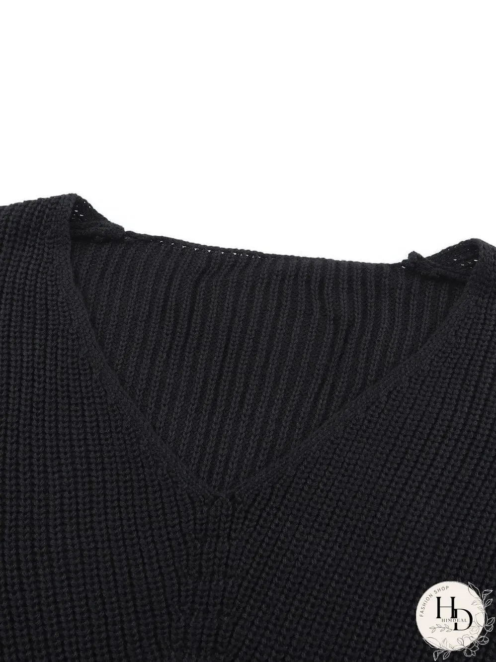 Elegant Black V-Neck Ribbed Knit Sweater