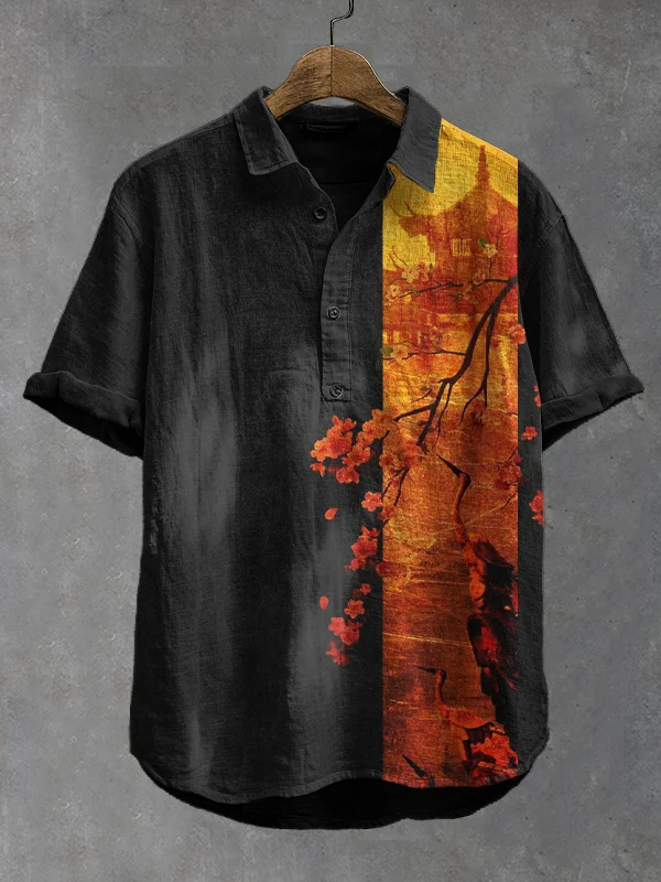Men's Retro Cherry Blossoms And Cranes Art Print Short Sleeve Shirt