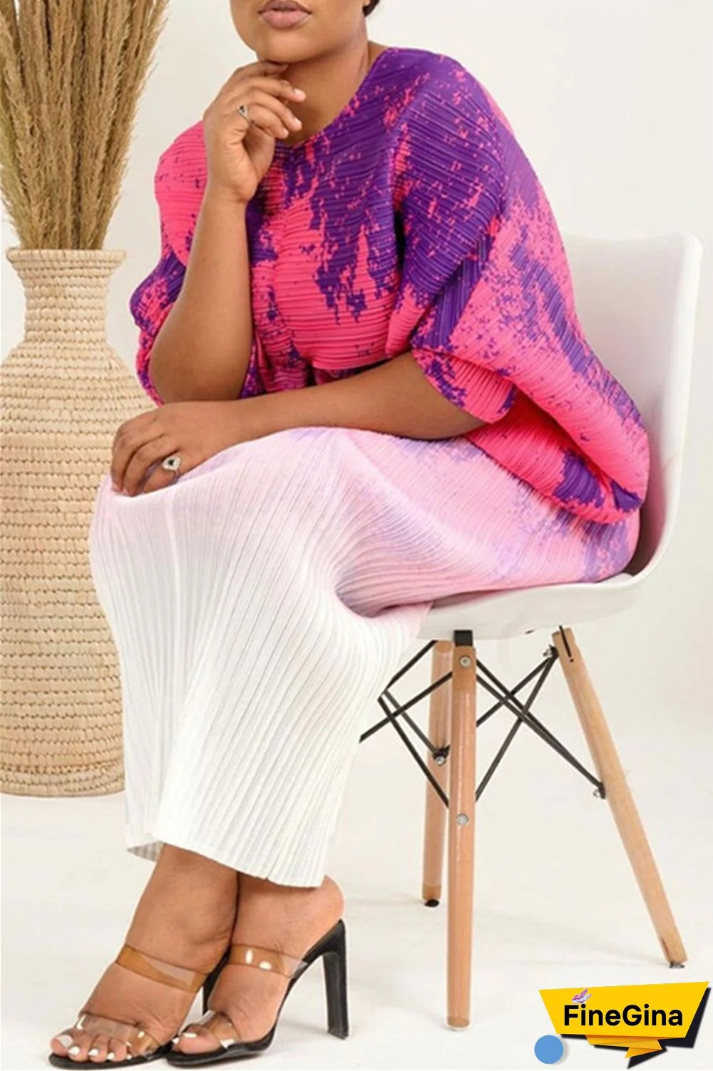 Pink Purple Casual Print Patchwork V Neck Pencil Skirt Plus Size Dresses