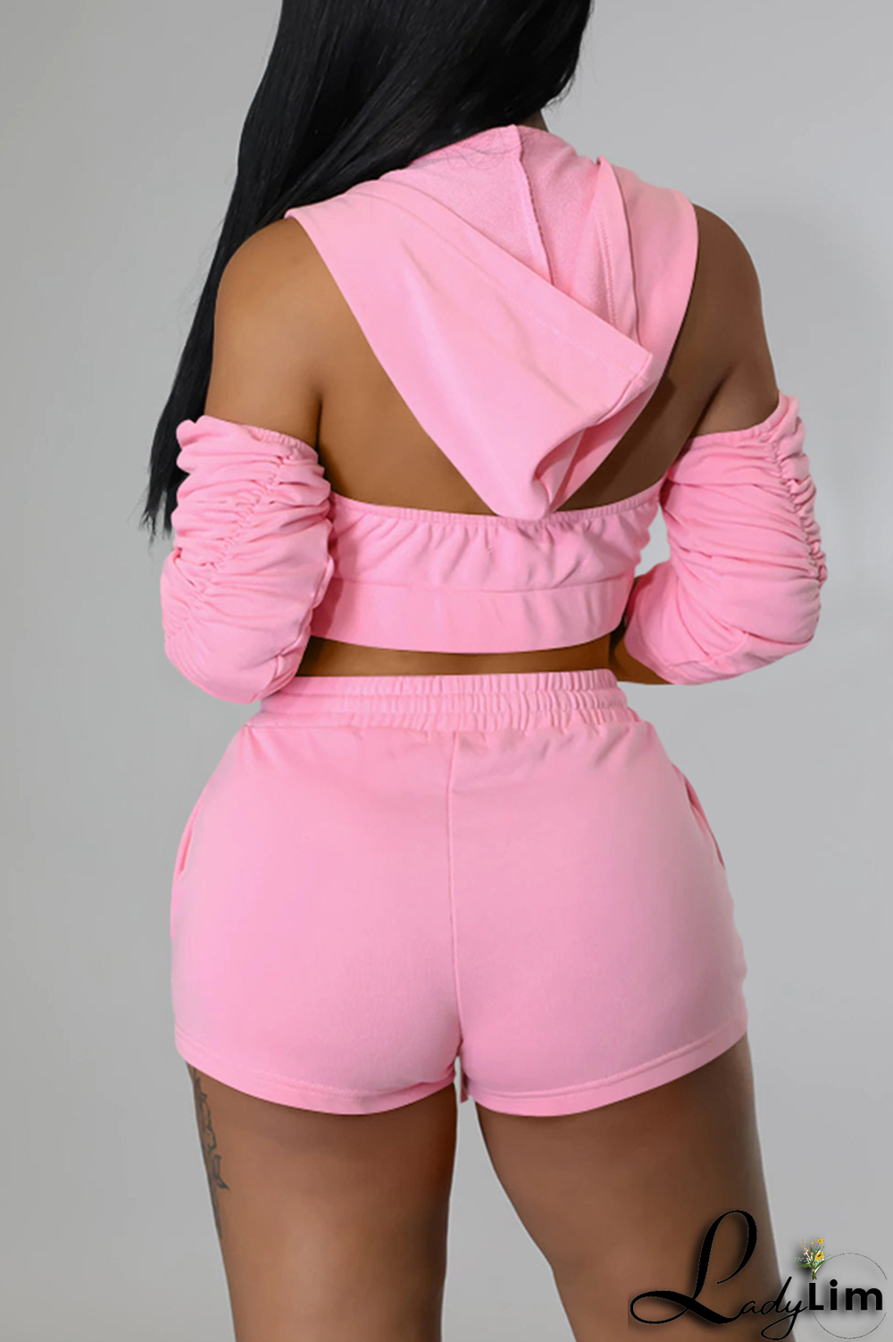 Black Sexy Print Patchwork Hooded Collar Three Quarter Two Pieces