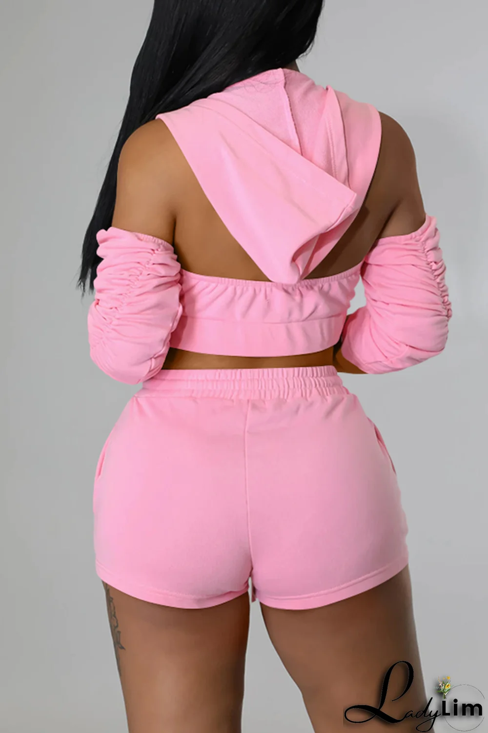 Black Sexy Print Patchwork Hooded Collar Three Quarter Two Pieces