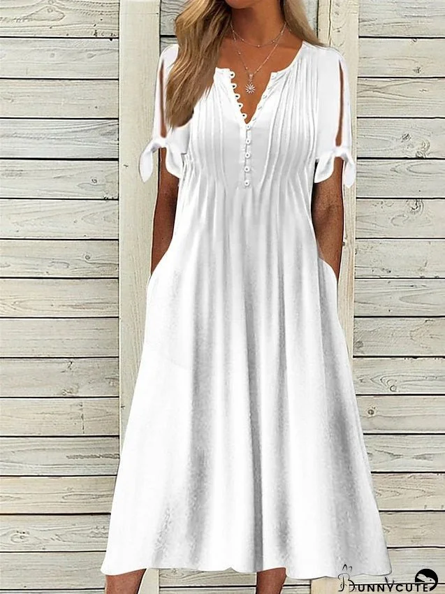 Casual Dress Summer Dress Pleated Dress Plain Ruched Pocket V Neck Midi Dress Fashion Modern Street Daily Short Sleeve Regular Fit White Spring Summer S M L XL XXL for Women