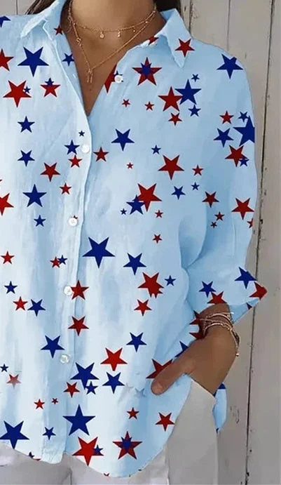 Women 3/4 Sleeve Shirt Collar Star Printed Graphic Button Tops