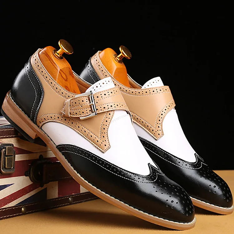 PU Leather Colorblock Baroque Buckle Pointy Toe Flat Wedding Dress Shoes