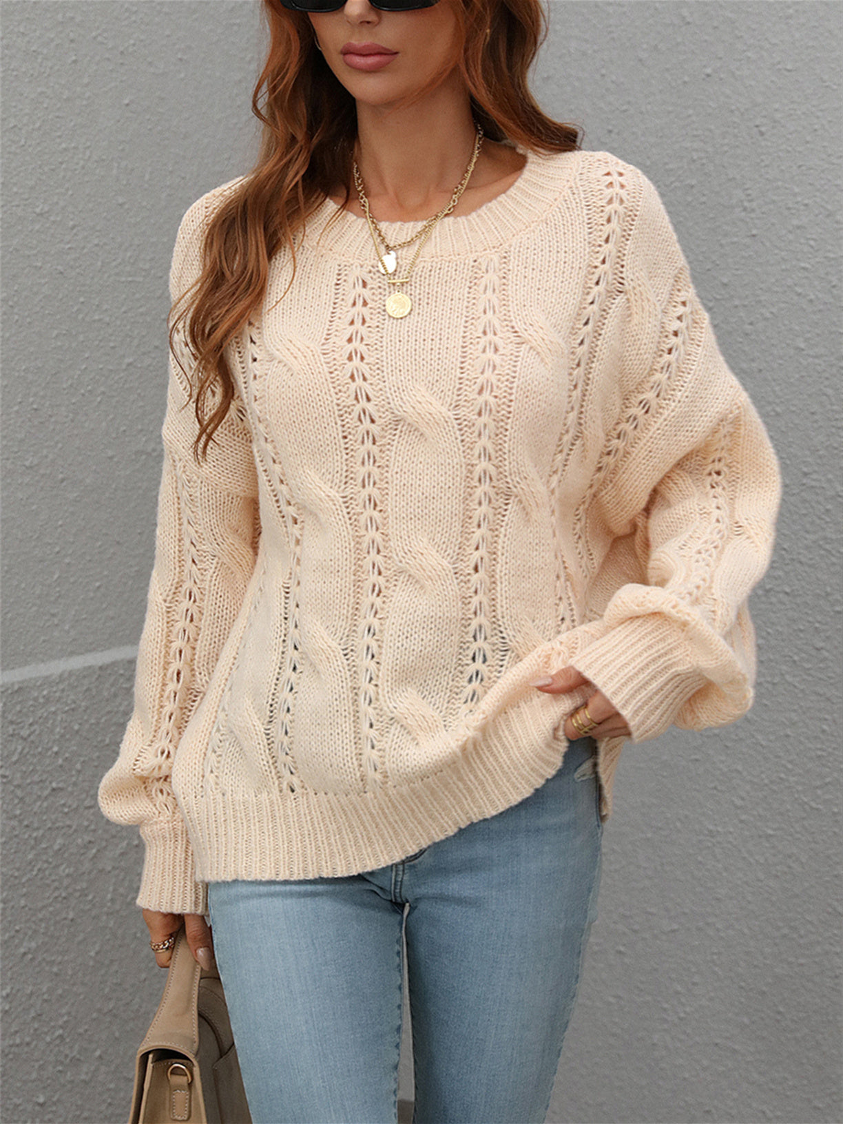 Women's Long Sleeve Scoop Neck Solid Color Top Knit Sweater