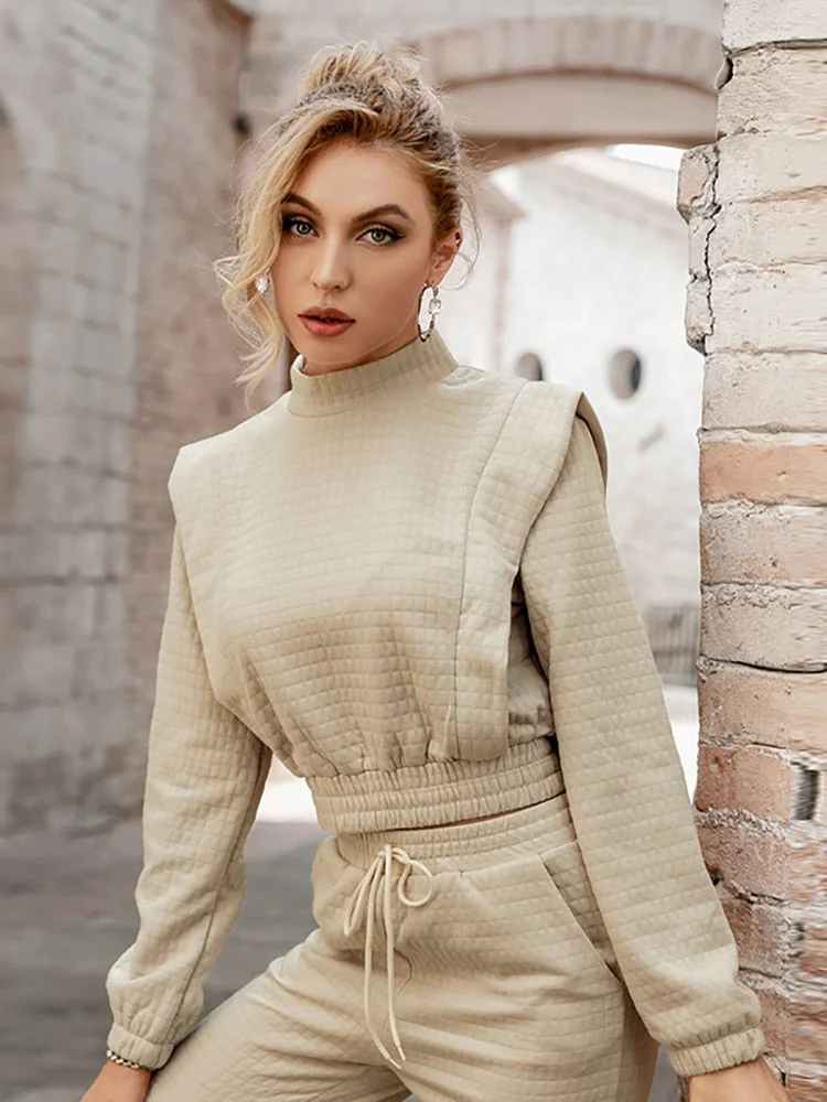 Simplee Two piece short women sweatshirt set autumn Elastic lace up turtleneck casual pants sets Fashion solid female tracksuits