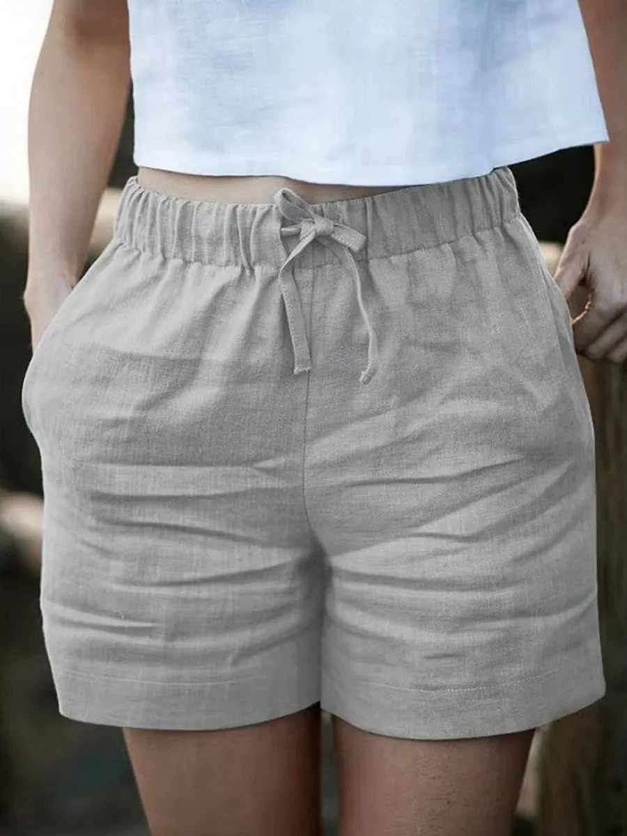 Elastic Waist Solid Color Cotton And Linen Shorts - SissiStyles.com
