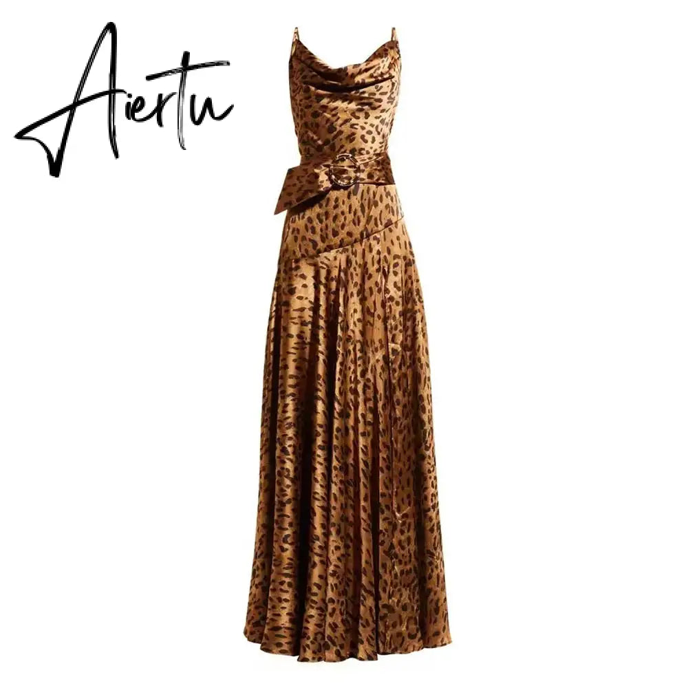 Leopard Split Thigh Sexy Sling Dress For Women V Neck Sleeveless High Waist Colorblock Midi Dresses Female Clothing Aiertu