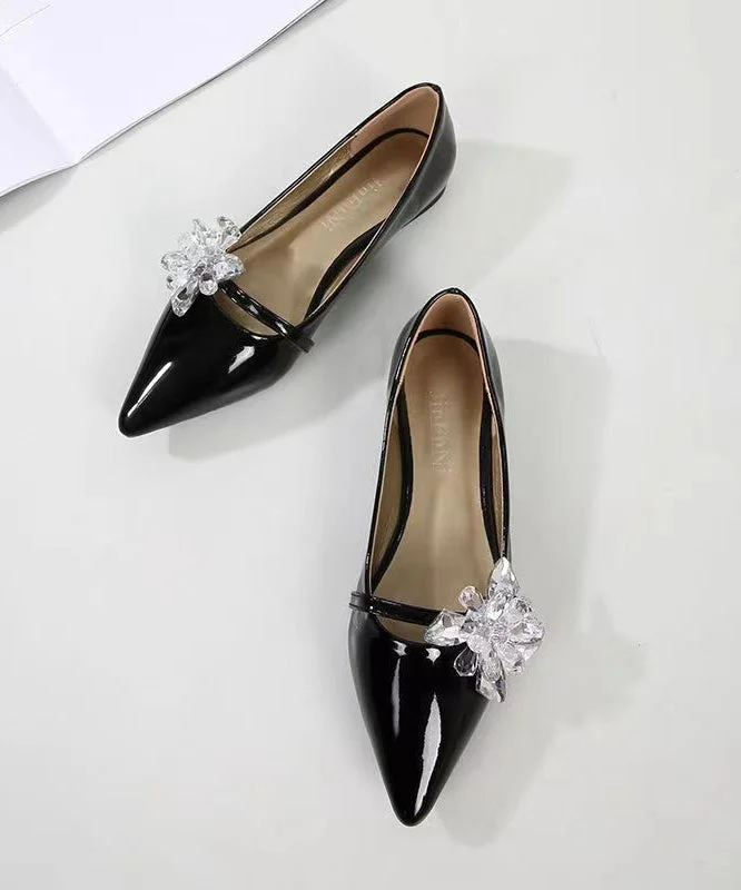 Comfy Black Pointed Toe Zircon Splicing Flat Shoes For Women