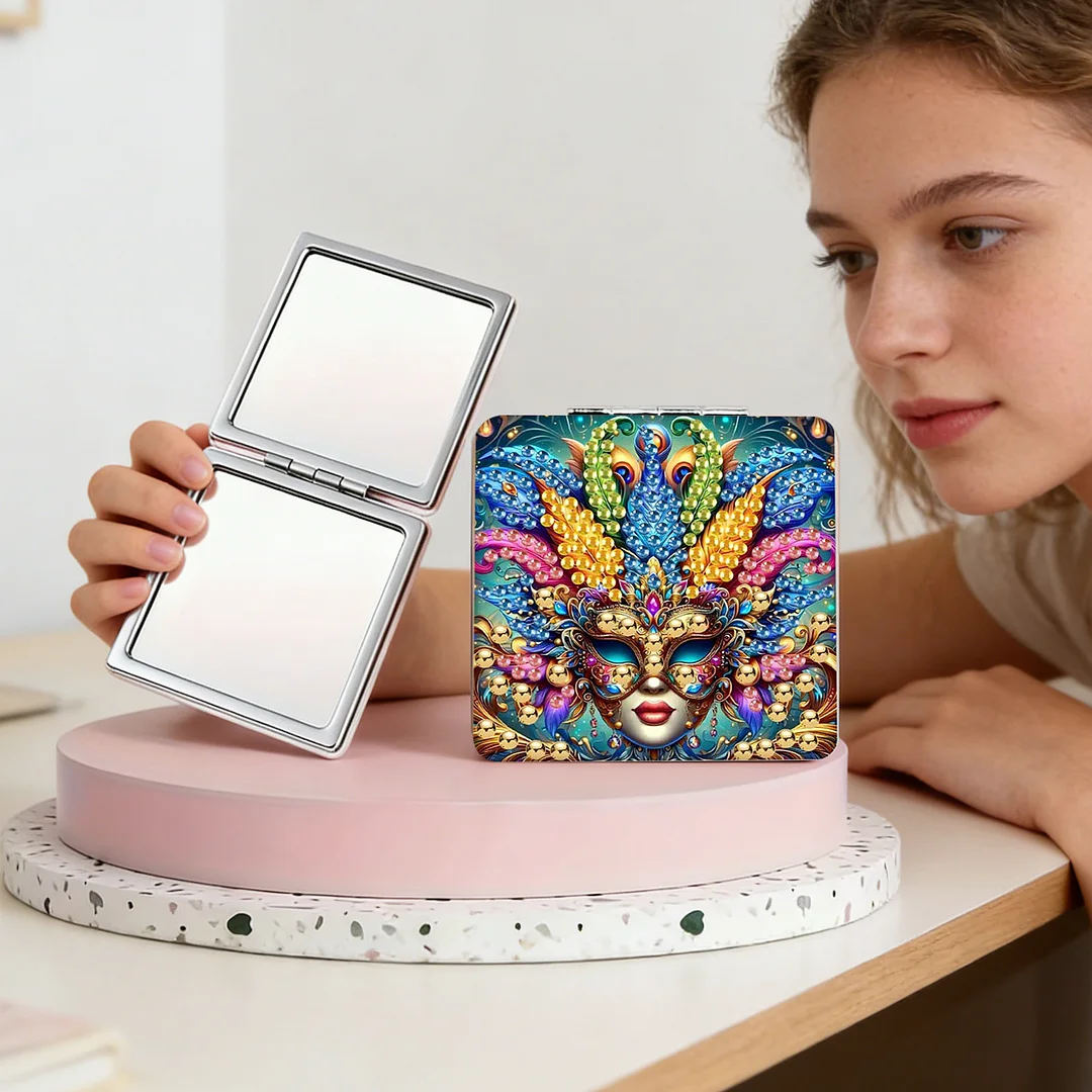 Mask-2 DIY Special Shaped Diamond Painting Compact Mirror Kits Diamond Art Painting Pocket Mirror for Beginners Adults Art Craft Woman Gifts