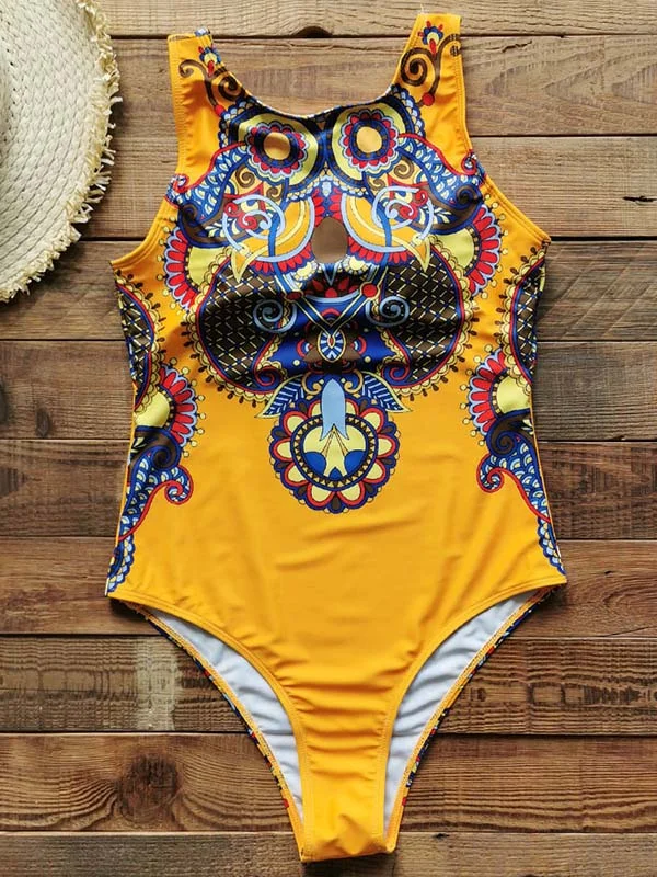 Ethnic Printed Vest Style Backless One-Piece Swimwear 