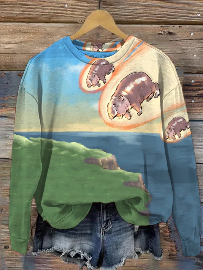 Women's Hippo Moo Deng Art Print Casual Sweatshirt