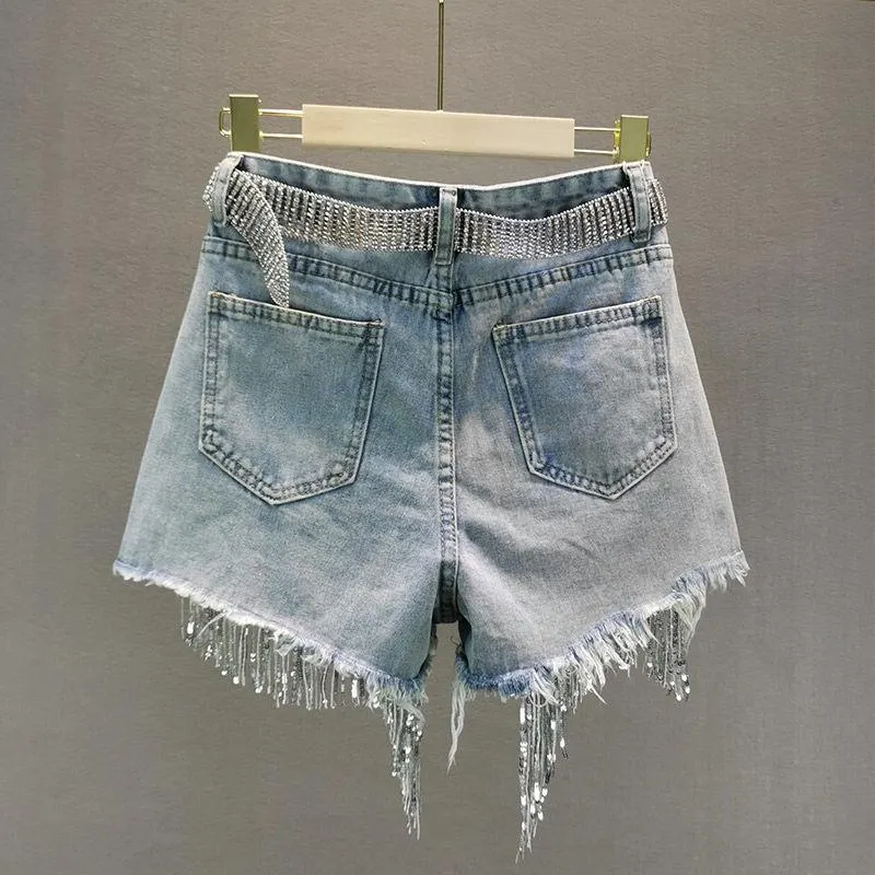 Brownm Cowgirl Rhinestone Fringe Denim Shorts