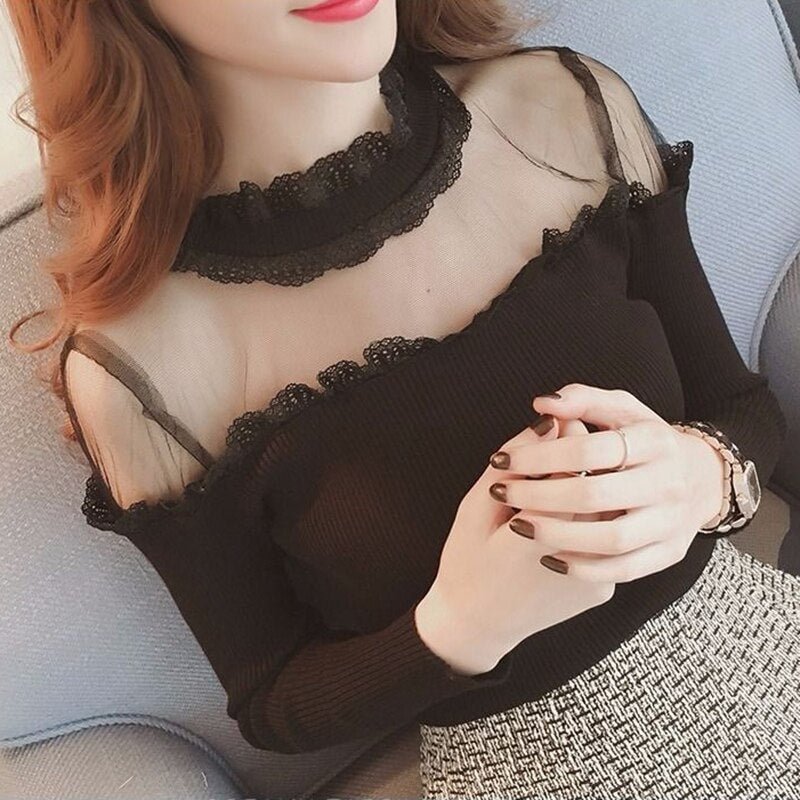 See Through Off Shoulder Sexy Top Women Long Sleeve Knitted Elegant Ladies Tops Clothing Ruffle T-shirt Female Turtleneck Stitch