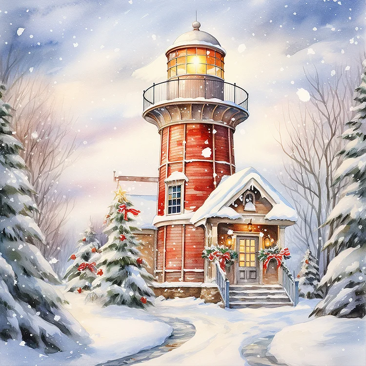 Christmas Winter Snowflake Lighthouse 30*30CM(Canvas) Full Round Drill Diamond Painting gbfke