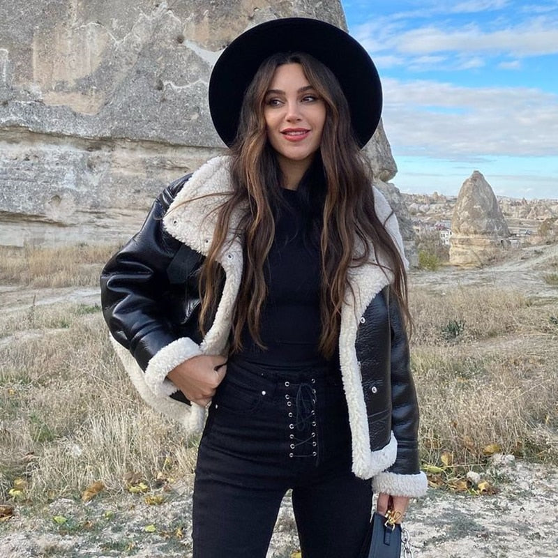 Toloer 2022 New Fashion Suede Teddy Brown Woman Jacket Vintage Patchwork PU With Zipper Winter Coat Women Female Outwear Tops3