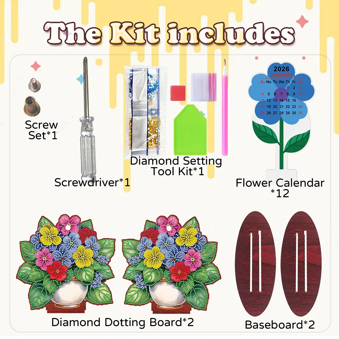 2026 Calendar DIY Diamond Art Kit Flower Pot Wooden Diamond Painting Calendar