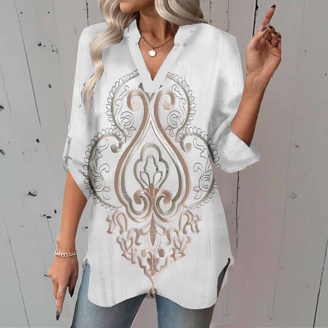 Women Bohemian, Retro, Off-White DZGA0450 3/4 Sleeve V-neck Printed Graphic Button Tops