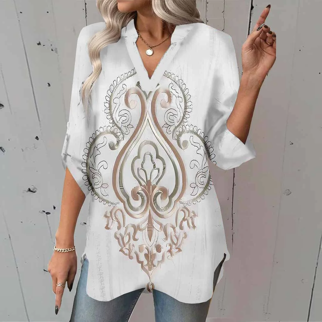 Women Bohemian, Retro, Off-White DZGA0450 3/4 Sleeve V-neck Printed Graphic Button Tops