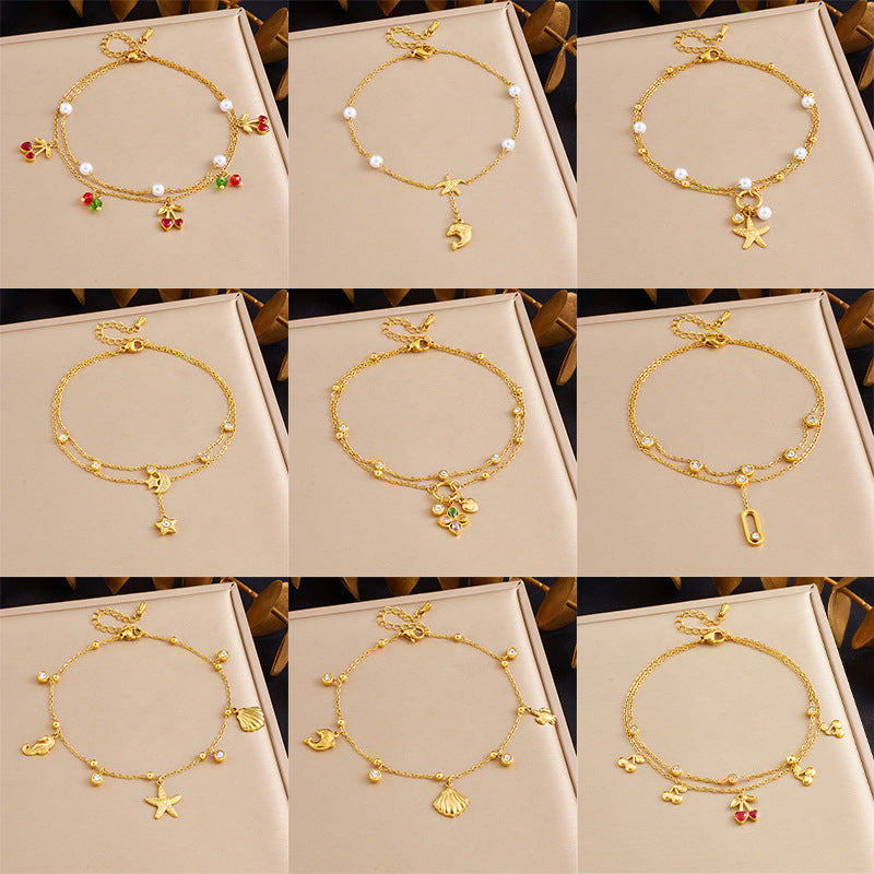 Korean Style Fashion Stacking Double Chain Diamond Cherry Starfish Flower Star Moon Pendant Stainless Steel Anklet Female
