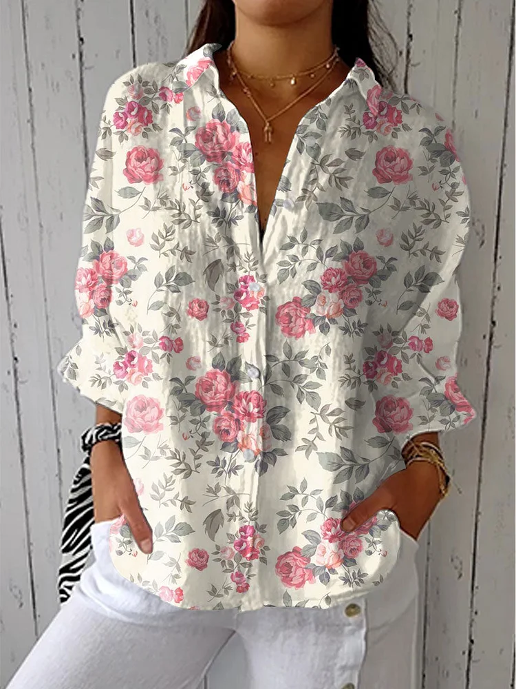 Women's Bright Flower Art Print Casual Linen V-neck Shirt