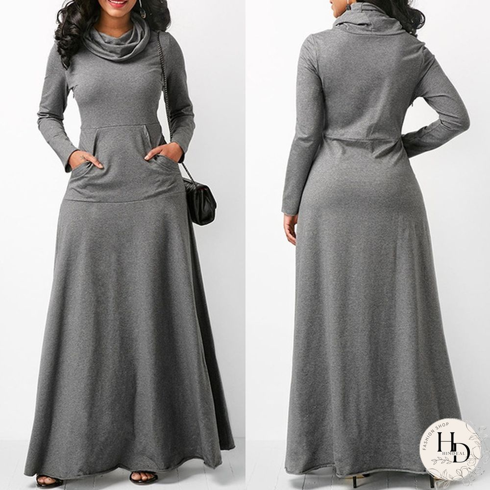 Autumn & Winter Womens Long Sleeve Dress-Pure Colors-Loose Maxi Casual Plus Size S-5Xl