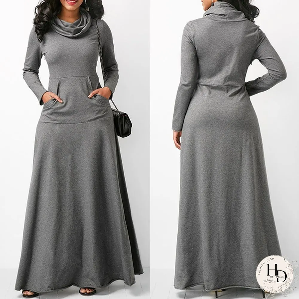 Autumn & Winter Womens Long Sleeve Dress-Pure Colors-Loose Maxi Casual Plus Size S-5Xl
