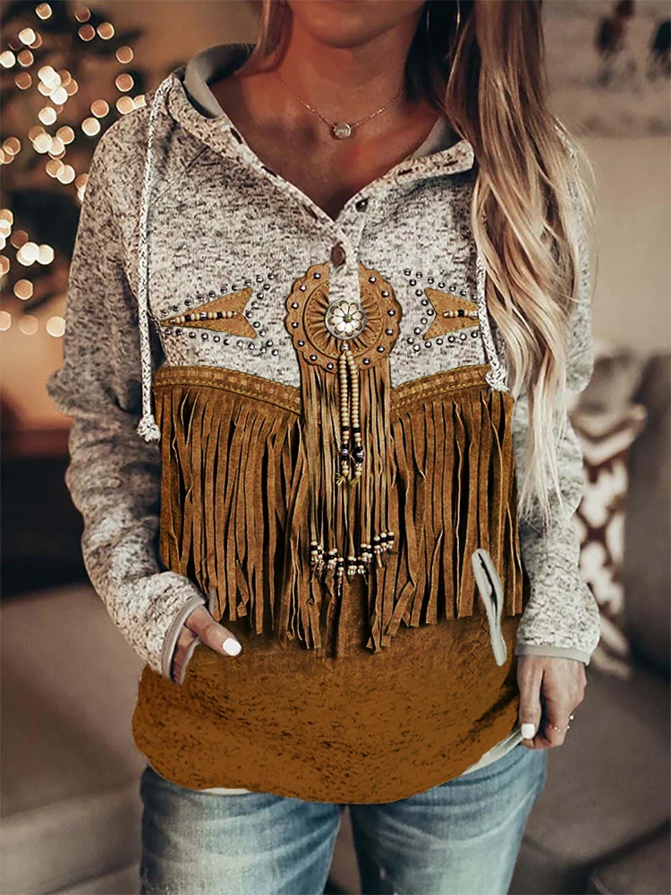 Western Turquoise Tassels Button Up Cozy Hoodie