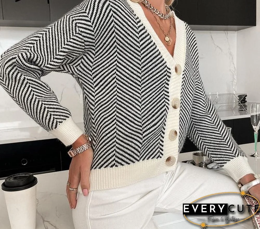 Casual stripes v-neck female cardigan autumn Office lady long sleeve women cardigan sweater Basic fashion short top coat