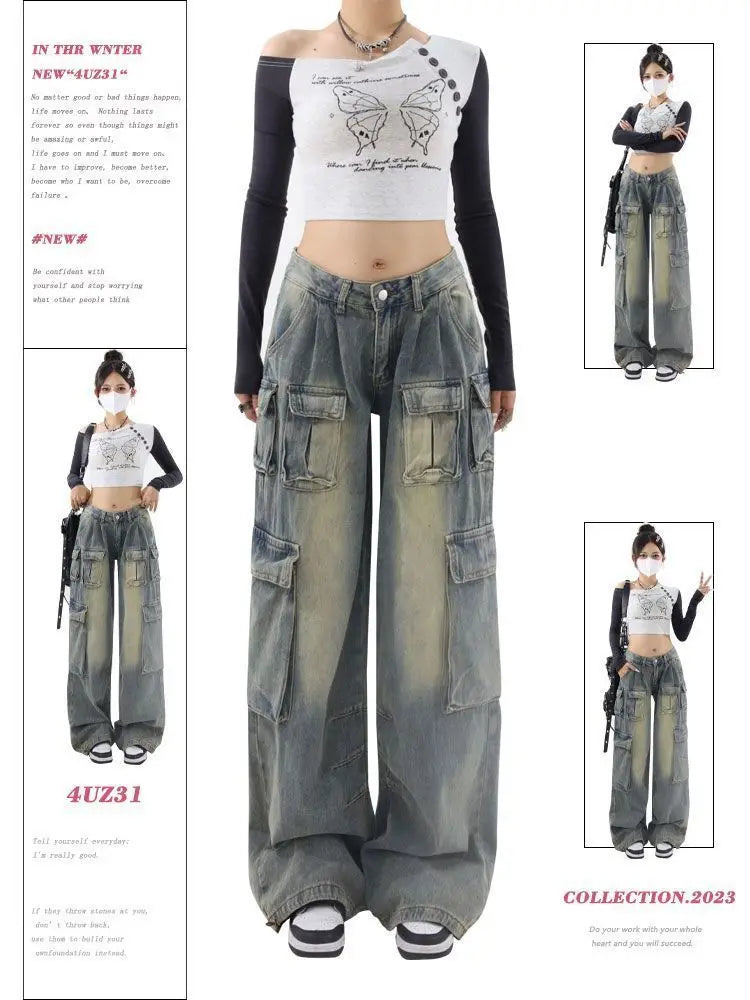 OLCooL Blue Cargo Jeans Women Y2k Fashion Oversize High Waist Multi-pocket Wide Leg Denim Trouser Harajuku Retro Do Old Bottoms olcool