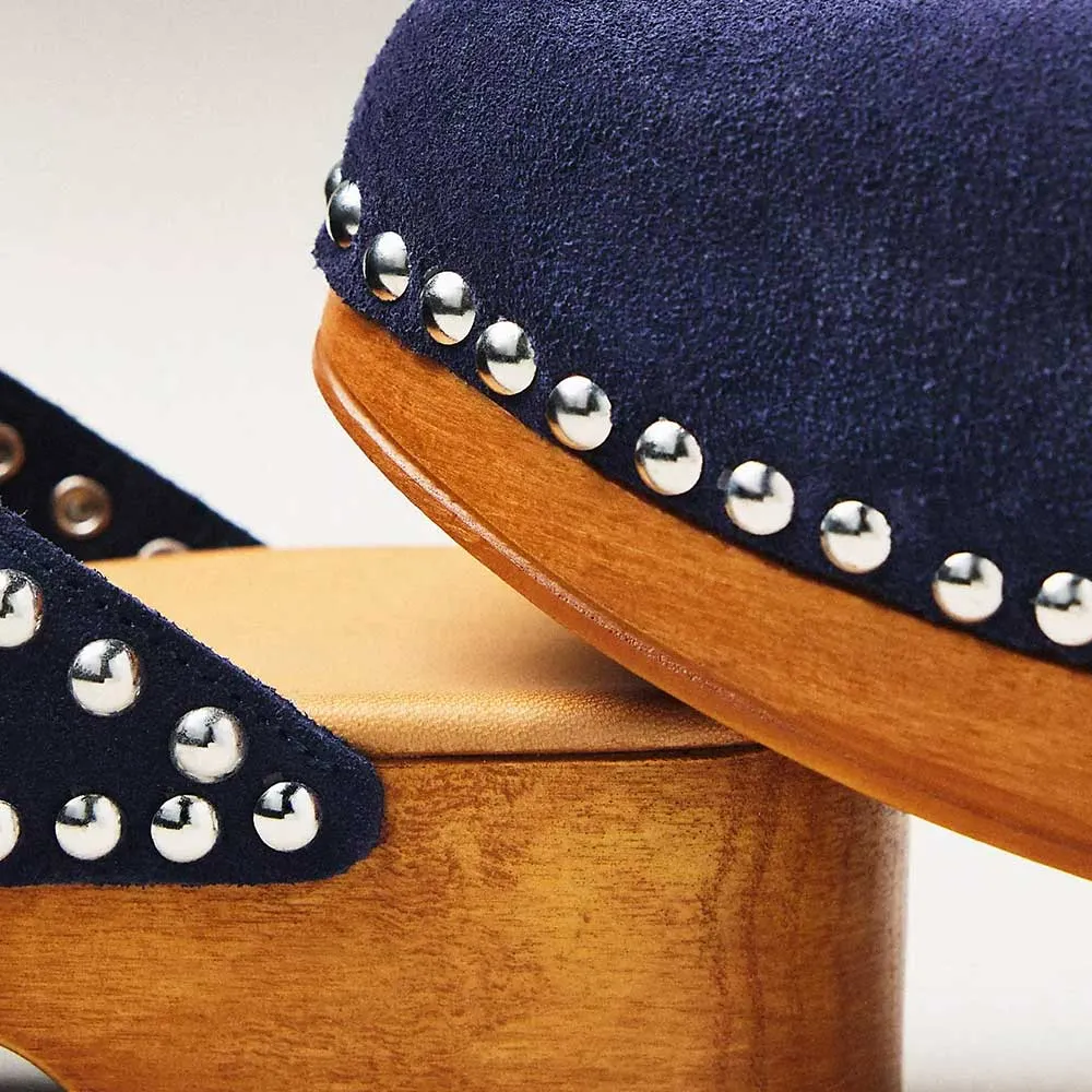 Round Toe Chunky Heel Studded Platform Mules for Women in Navy