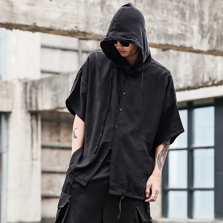 Dawfashion Techwear Streetwear-Japanese Streetfashion Dark Style Solid Color Bagged Hooded Drawstring Shirt Coat-Streetfashion-Darkwear-Techwear