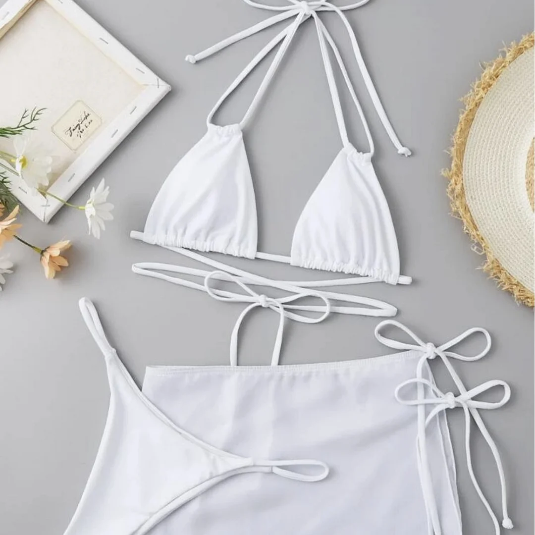 Uveng 2021 New Drawstring Strap Solid Three-Piece Set Sexy Bikini