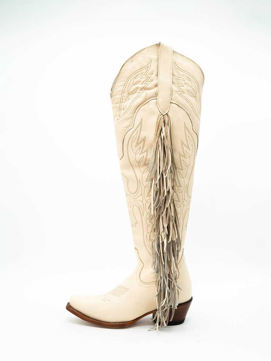 Vintage Beige Embroidered Over-the-Knee Cowgirl Boots with Fringe