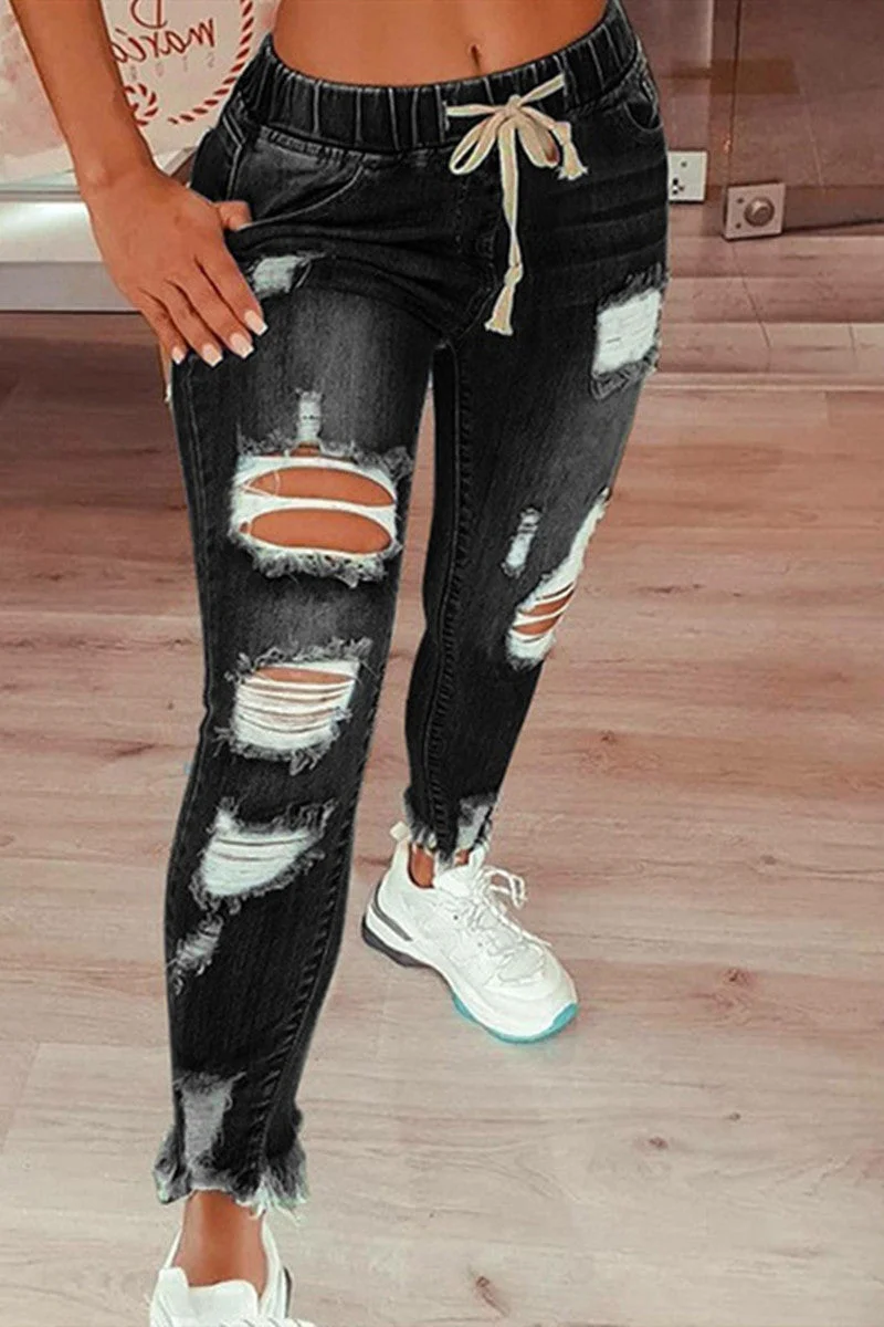 Fashion Casual Solid Ripped Mid Waist Regular Jeans