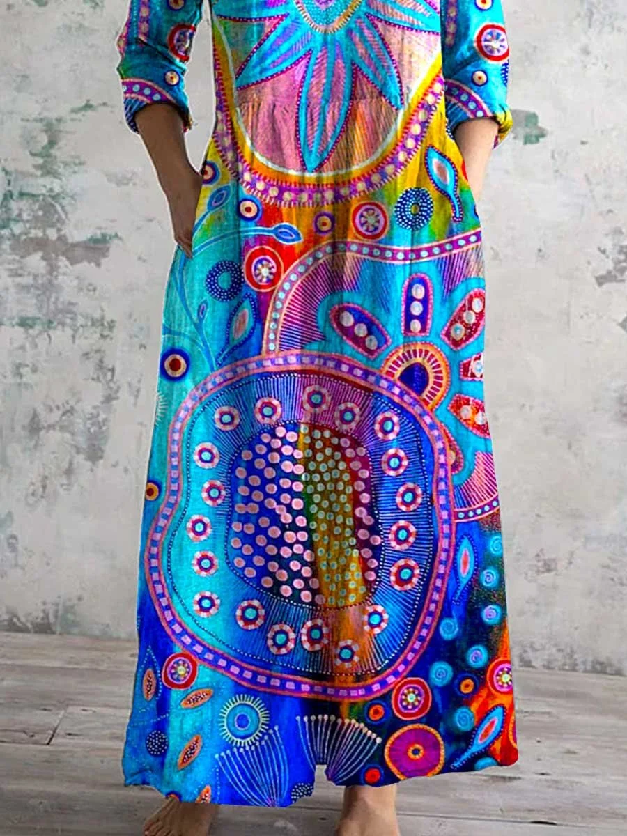 Women's VNeck Colorful Bohemian Geometric Pattern Cotton And Linen