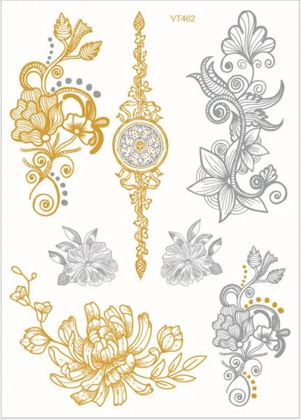 Sdrawing temporary tattoo sticker henna choker flower butterfly metal sexy women bride tribe flash metallic gold silver tattoo